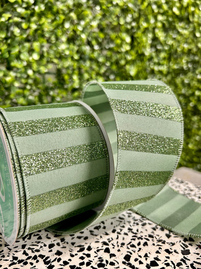 2.5 Inch By 10 Yard Sage Green Horizontal Glitter Stripes Ribbon