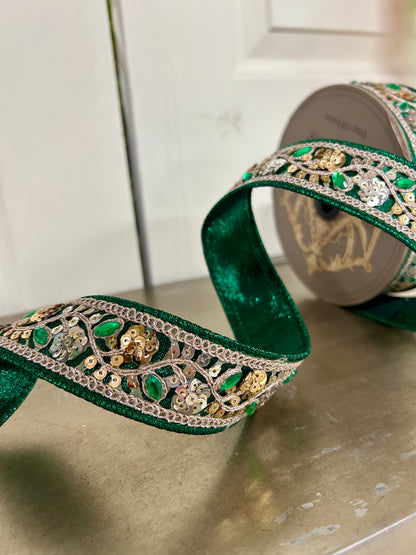 1.5 Inch By 10 Yard Emerald Green Metallic Dupioni Jewel Ribbon
