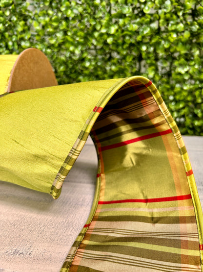 4 Inch By 10 Yard Moss With Moss Plaid Piping Reversible Dupioni Ribbon