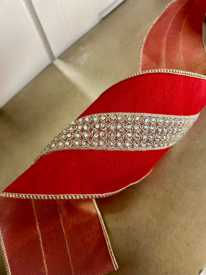 4 Inch By 10 Yard Red Faux Dupioni With Rhinestone Center Stripe Ribbon