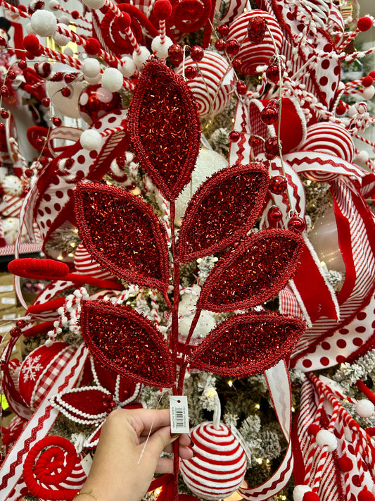 28 Inch Red Glitter And Lace Leaf Spray