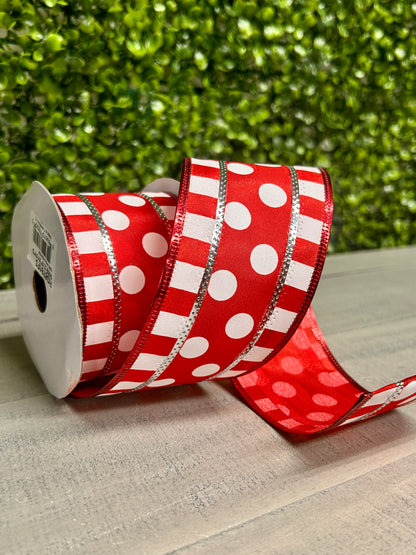2.5 Inch By 10 Yard Red And White Polka Dot And Stripes Ribbon