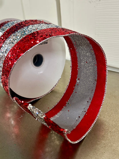 2.5 Inch By 10 Yard Red And Silver Large Glitter Stripe Ribbon