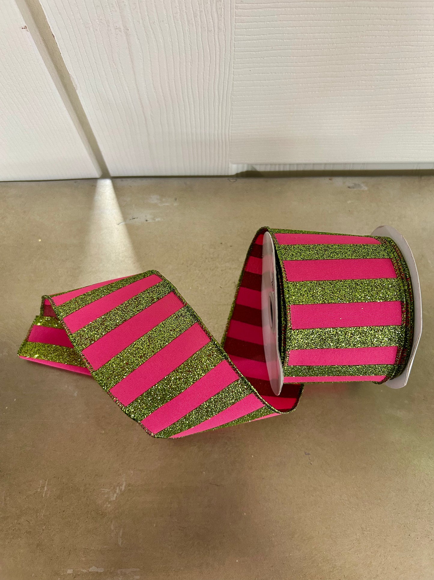 2.5 Inch By 10 Yard Hot Pink And Lime Green Horizontal Glitter Stripes Ribbon