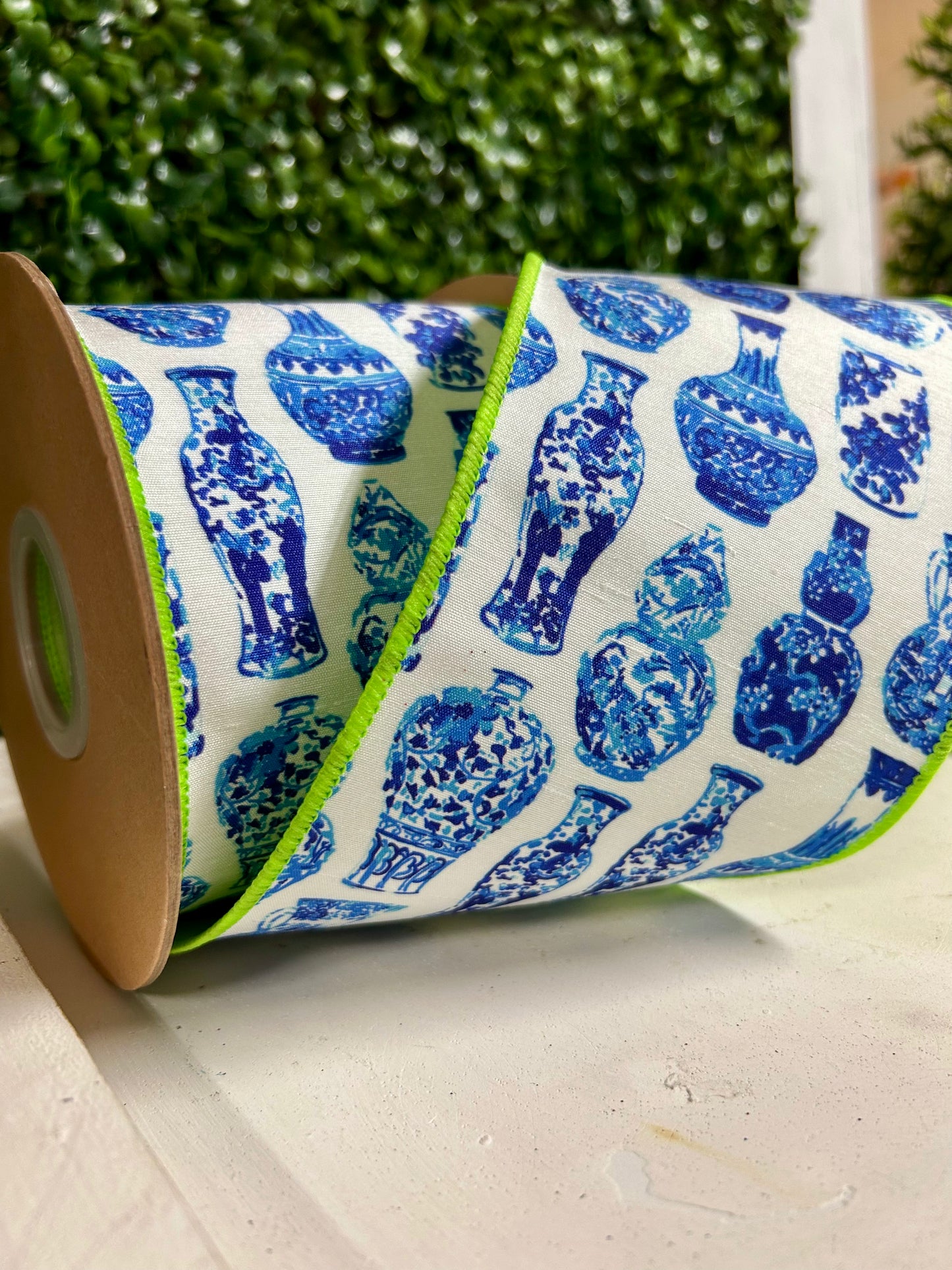 4 Inch By 10 Yard Blue And White China Pots With Lime Green Backing Dupioni Ribbon
