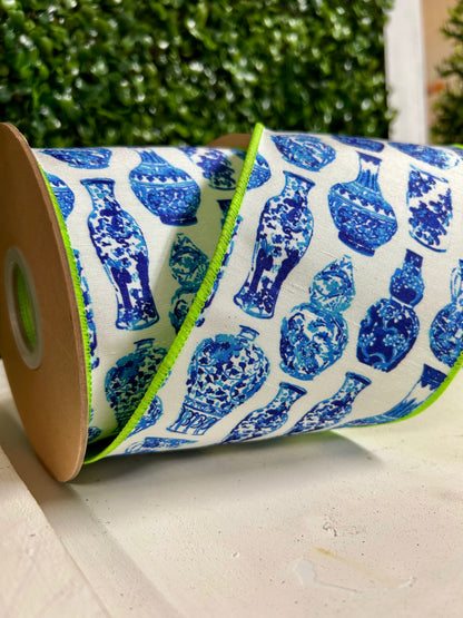 4 Inch By 10 Yard Blue And White China Pots With Lime Green Backing Dupioni Ribbon