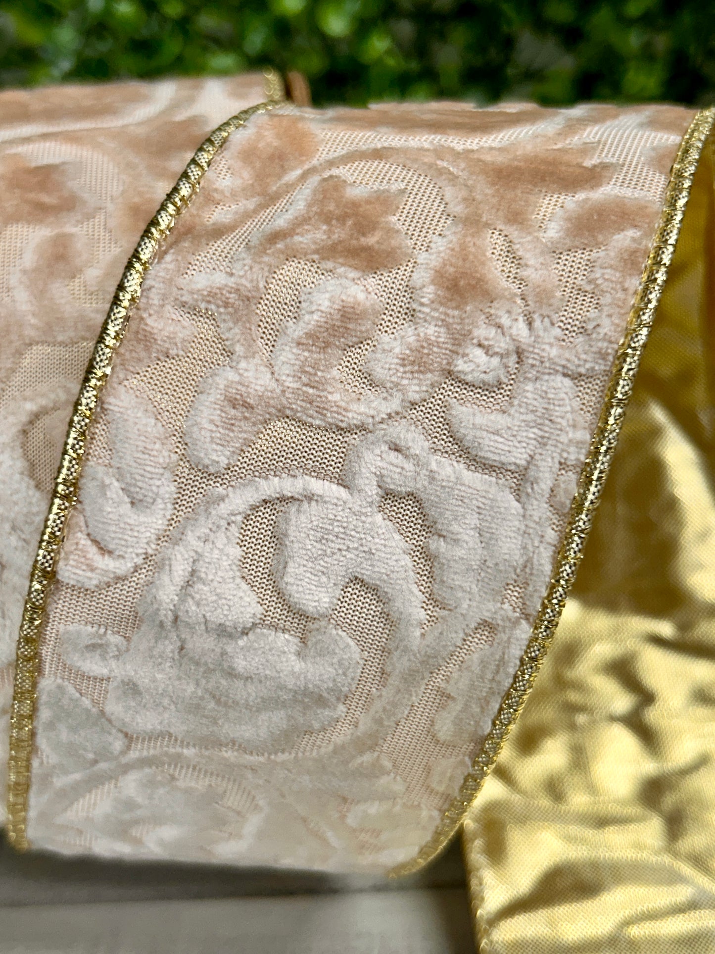2.5 Inch By 10 Yard Ivory Floral With Gold Backing Ribbon