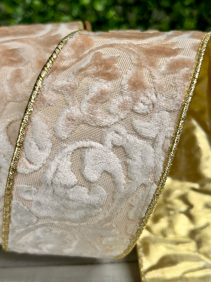 2.5 Inch By 10 Yard Ivory Floral With Gold Backing Ribbon