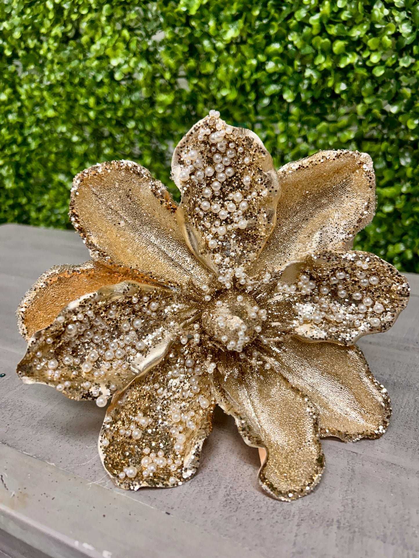 17 Inch Pearl Beaded Gold Magnolia Stem