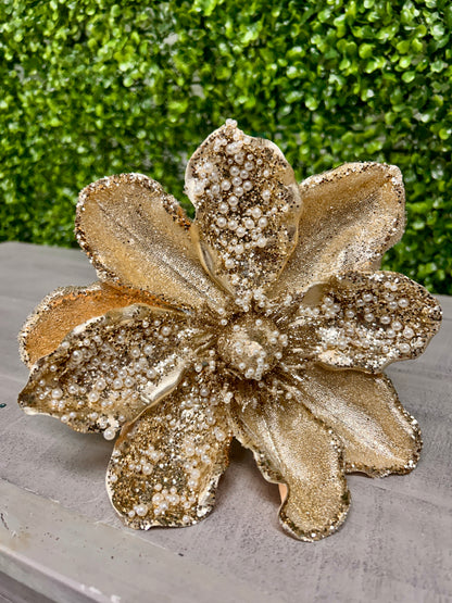 17 Inch Pearl Beaded Gold Magnolia Stem