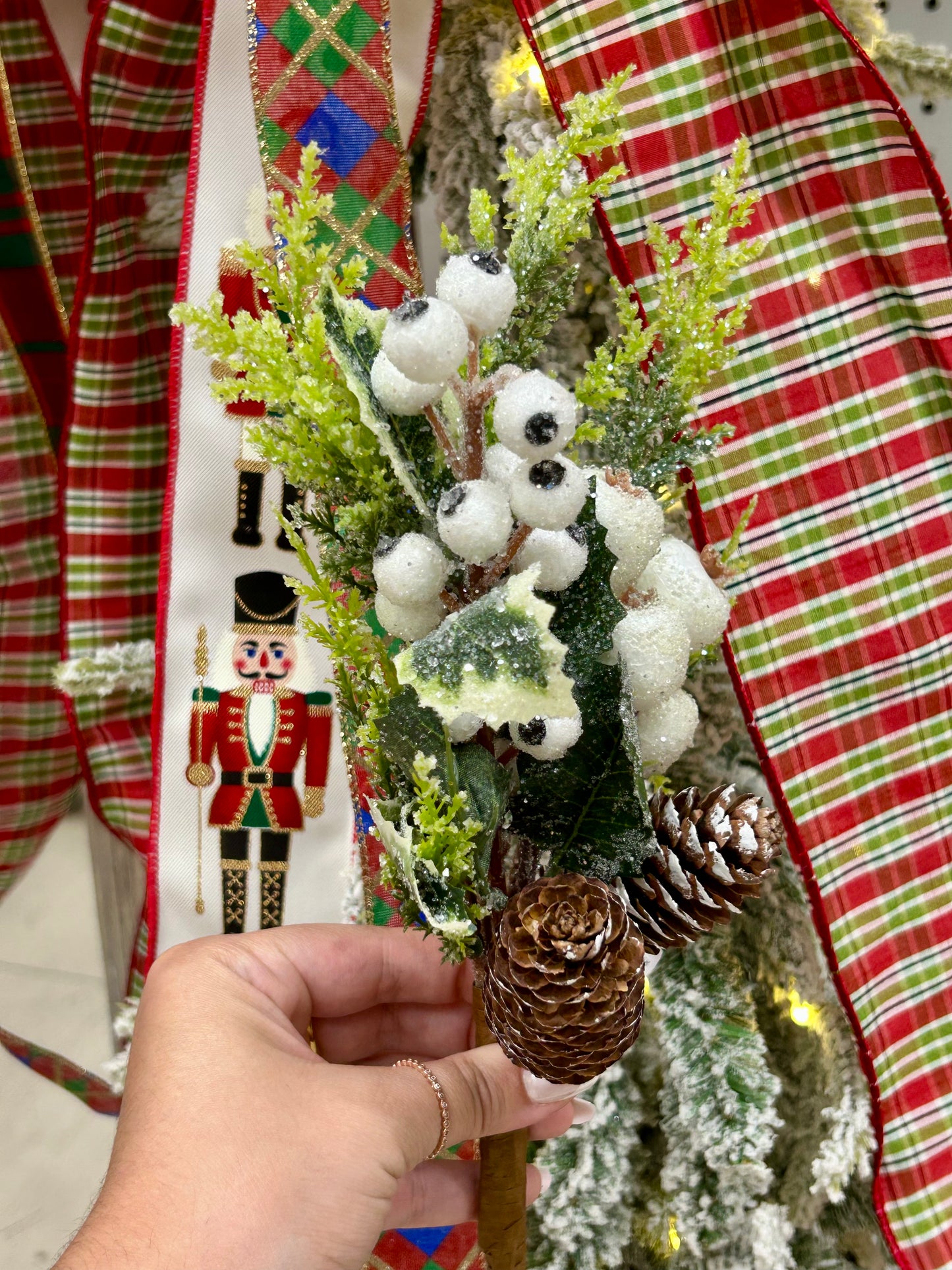 14 Inch White Berry Pinecone Pick