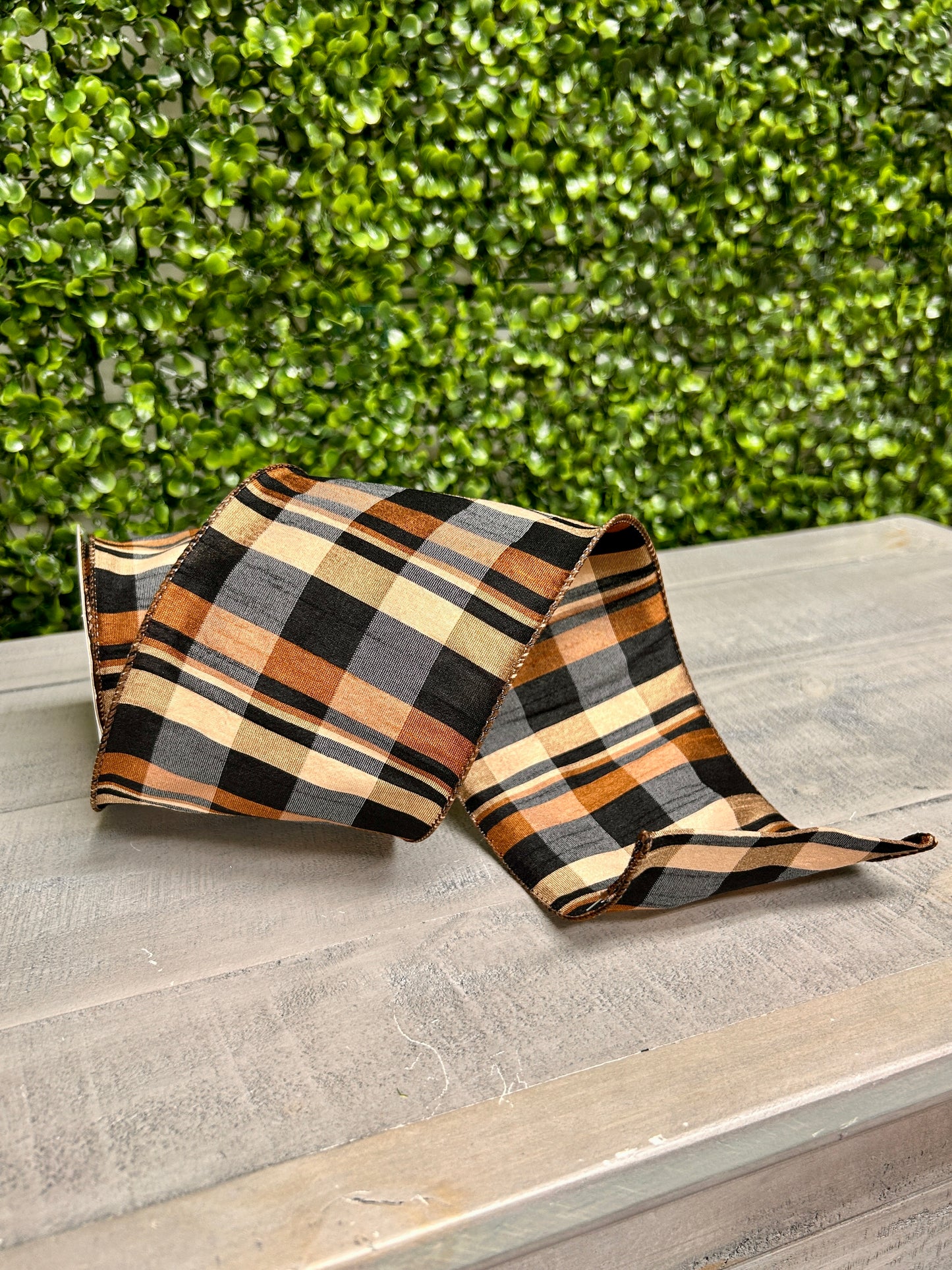 4 Inch By 10 Yard Brown Tan Black Dupioni Plaid Ribbon