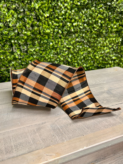 4 Inch By 10 Yard Brown Tan Black Dupioni Plaid Ribbon