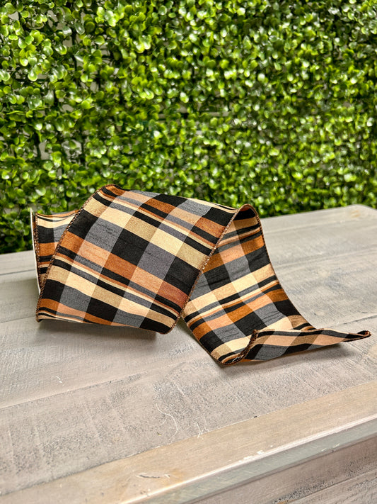 4 Inch By 10 Yard Brown Tan Black Dupioni Plaid Ribbon