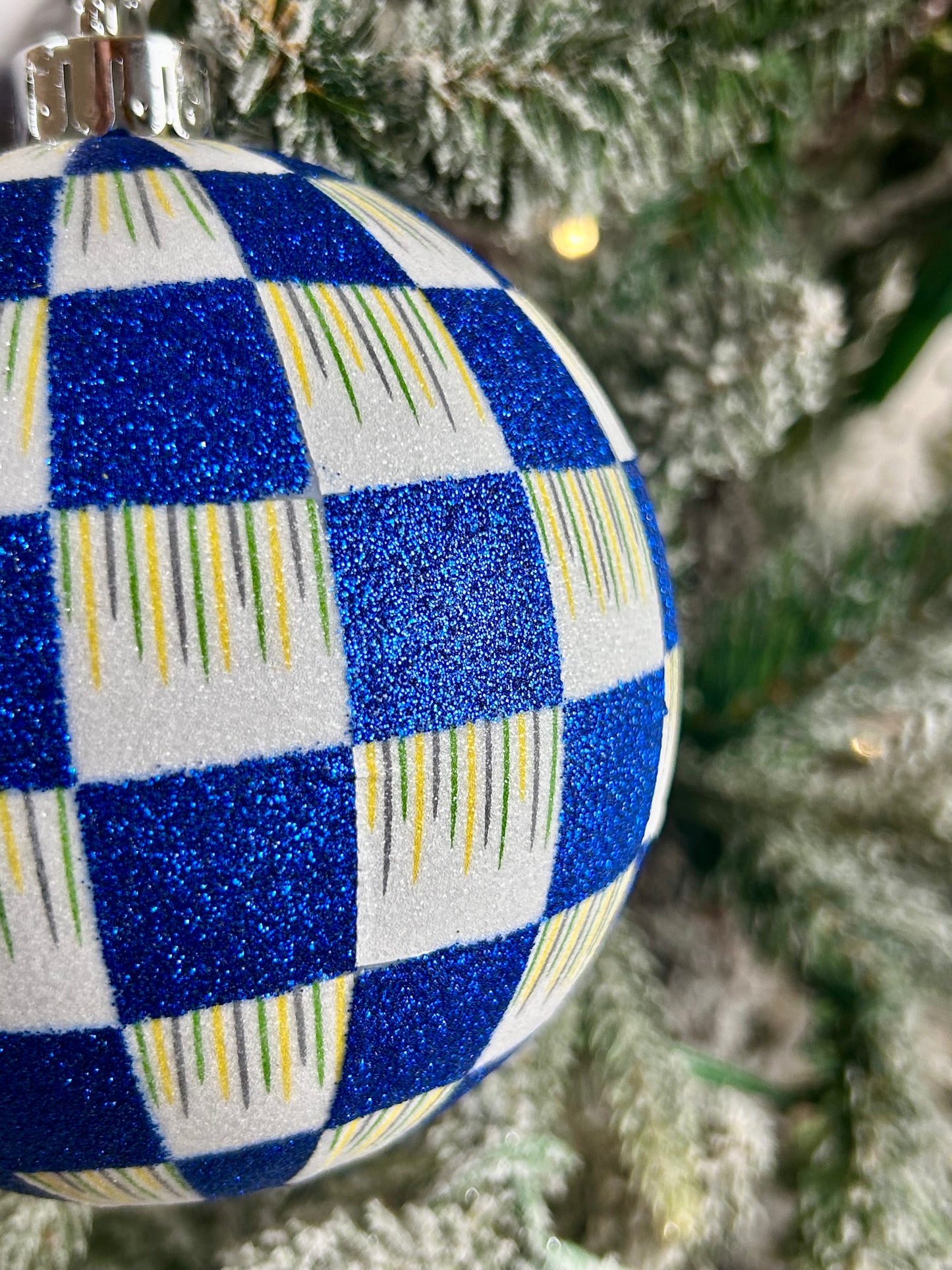 5 Inch Royal Blue Check Glitter Ornament