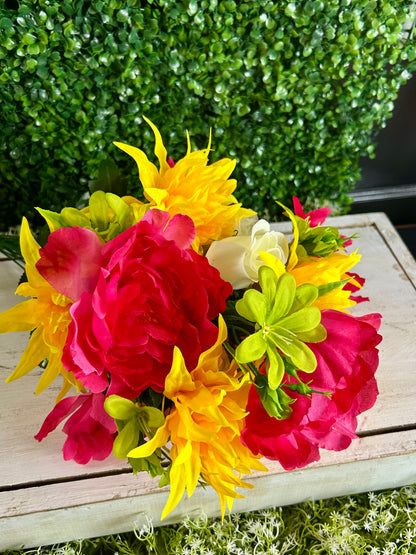 24 Inch Fushia And Yellow Peony Rose And Mum Bush