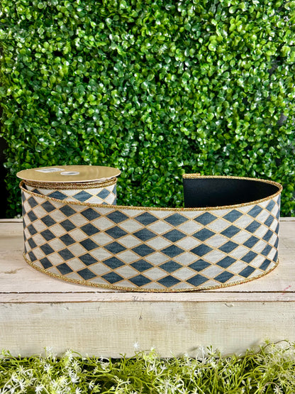 4 Inch By 10 Yard Cream Gold Grey And Black Antique Harlequin Fused Ribbon