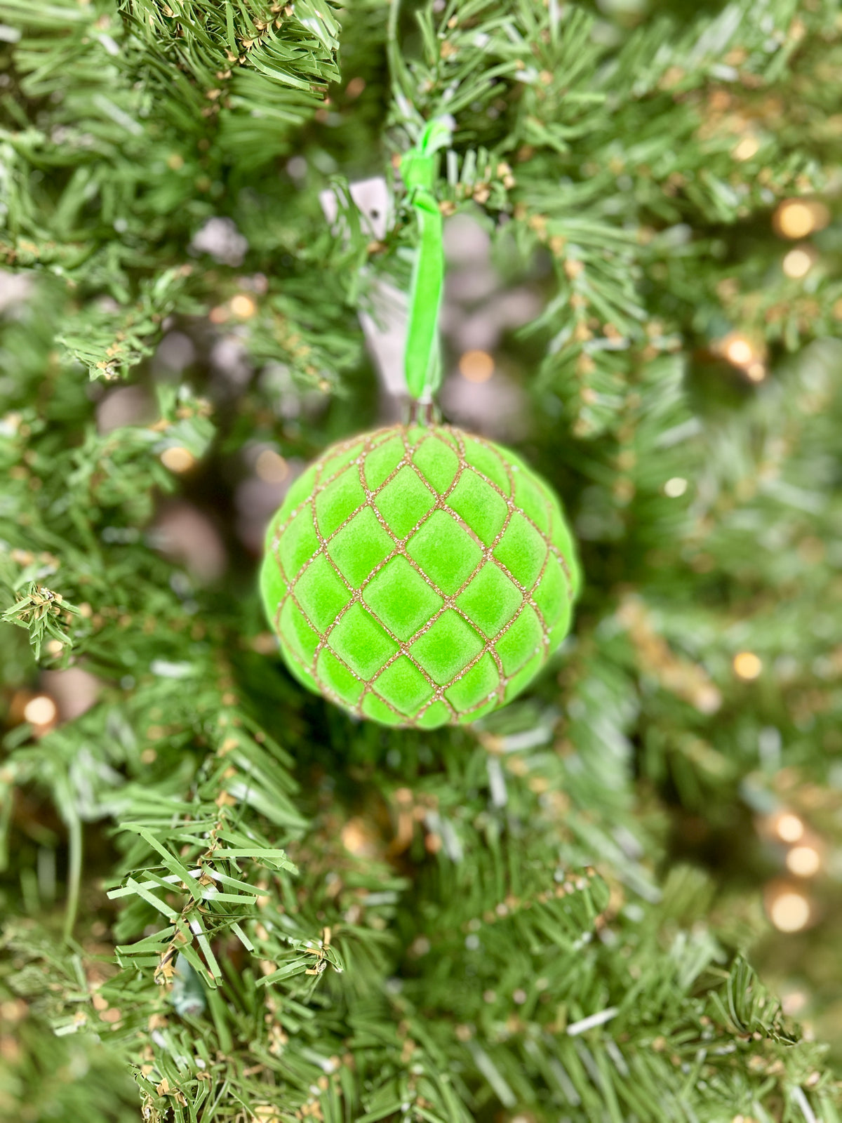 4 Inch Apple Green Flocked Ornament Ball With Glitter