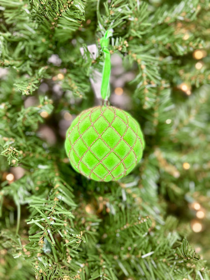4 Inch Apple Green Flocked Ornament Ball With Glitter