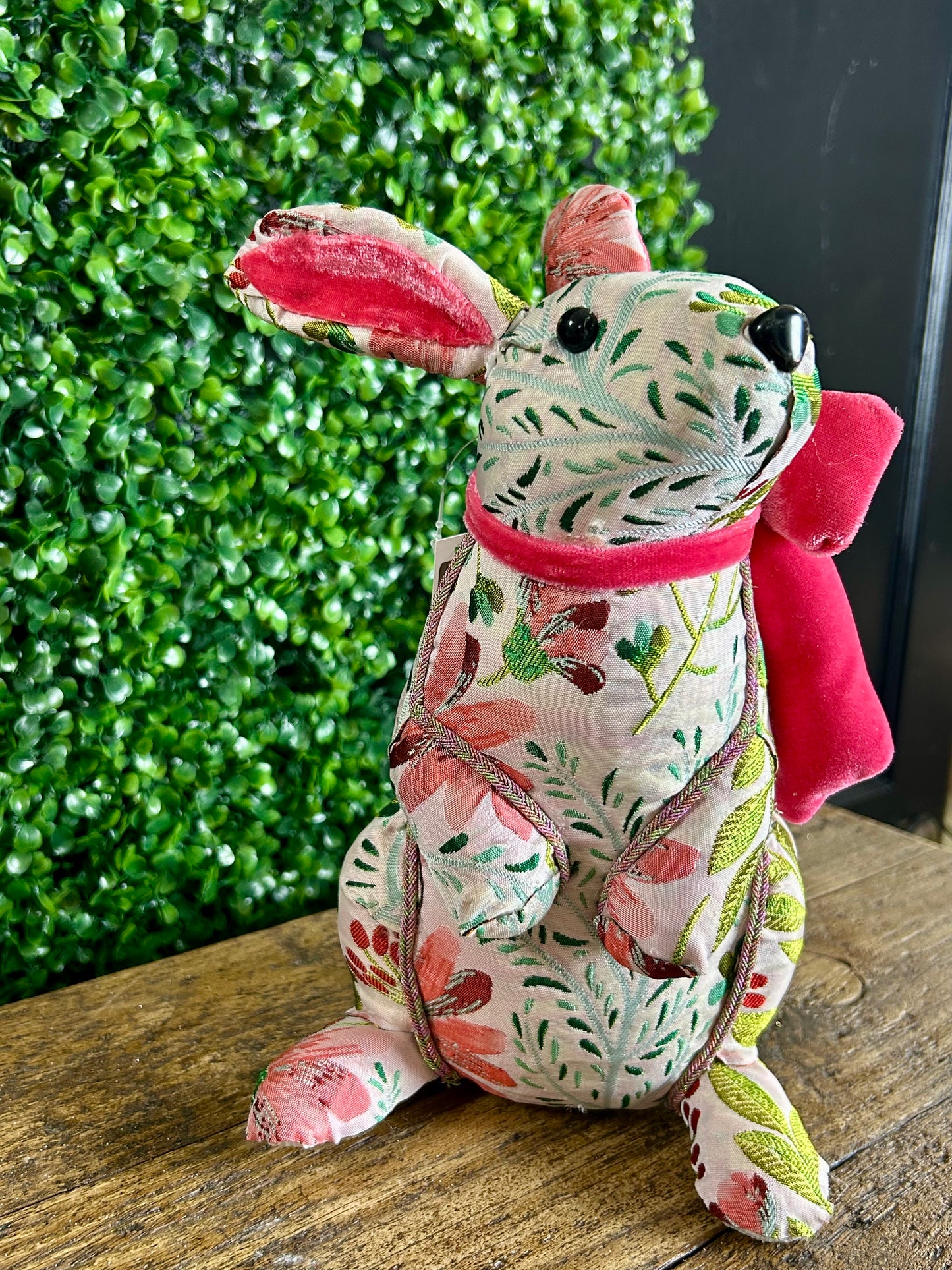 Pink And Green Floral Fabric Easter Bunny With Pink Bow Two Styles