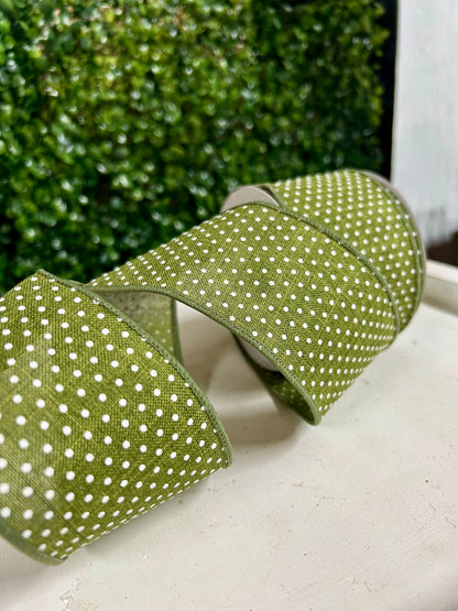 2.5 Inch By 10 Yards Moss Green And White Raised Swiss Dots On Royal Ribbon