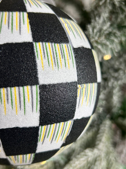 5 Inch Black And White Check Glitter Ornament