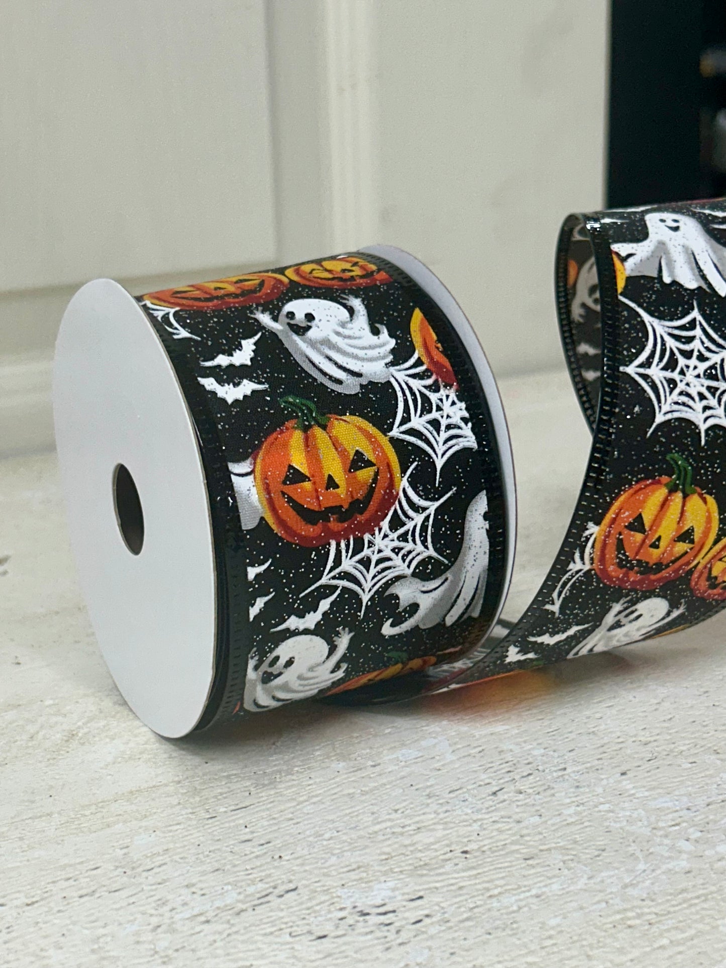 2.5 Inch By 10 Yard Black Glitter Ghosts Pumpkin Bats And Spider Webs Ribbon
