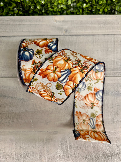 2.5 Inch By 10 Yard Cream Rust Dusty Blue Pumpkin Ribbon
