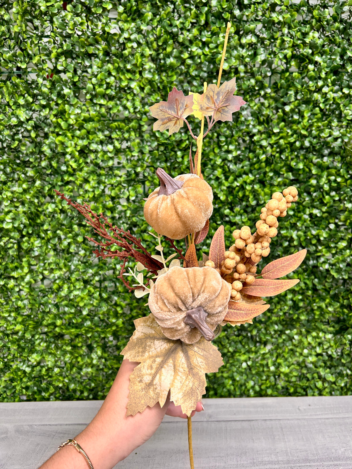16 Inch Tan Velvet Pumpkin With Flocked Berry Fall Pick