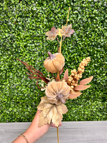 16 Inch Tan Velvet Pumpkin With Flocked Berry Fall Pick