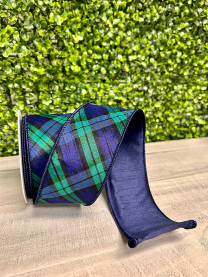 David Christopher 2.5 Inch By 10 Yard Navy Blue and Evergreen Plaid Ribbon