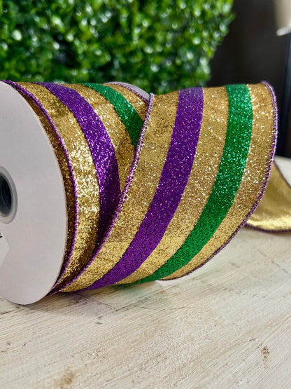 2.5 Inch By 10 Yard Mardi Gras Full Glitter Stripe Ribbon