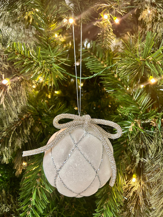 4 Inch White And Silver Glass Flocked Ball Ornament