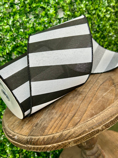 4 Inch By 10 Yard Black And White Wide Stripe Ribbon