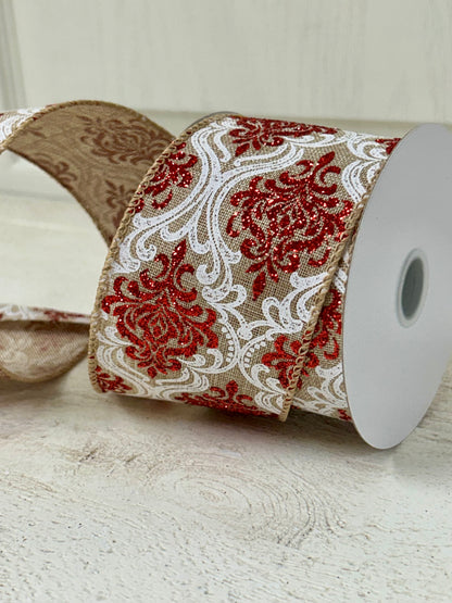 2.5 Inch By 10 Yard Red And White Glitter Demask With A Burlap Background Ribbon