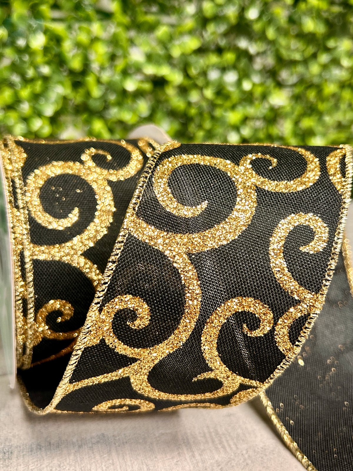 2.5 Inch By 10 Yard Black And Gold Glitter Swirl Ribbon