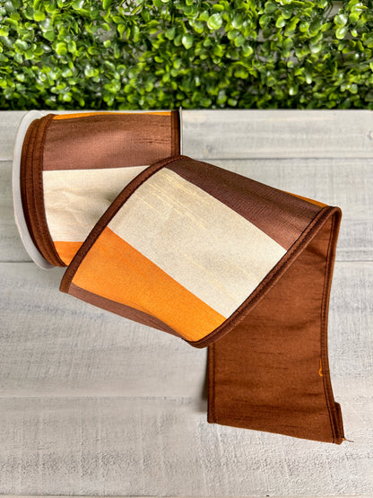 John Mark 4 Inch By 10 Yard Brown Cream Orange Dupioni Block Striped Ribbon