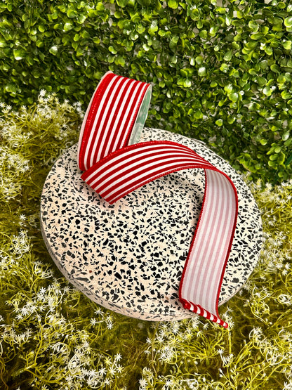 1.5 Inch By 10 Yard Red And White Glitter Velvet Vertical Lines Ribbon