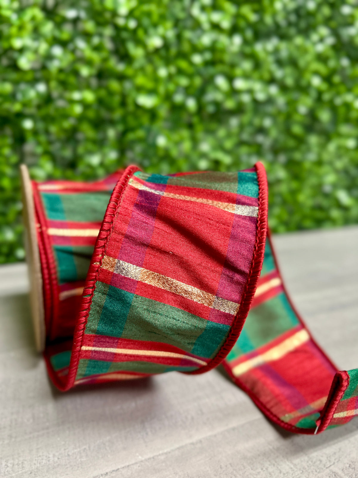 2.5 Inch By 10 Yard Red Green Gold Plaid Check Ribbon