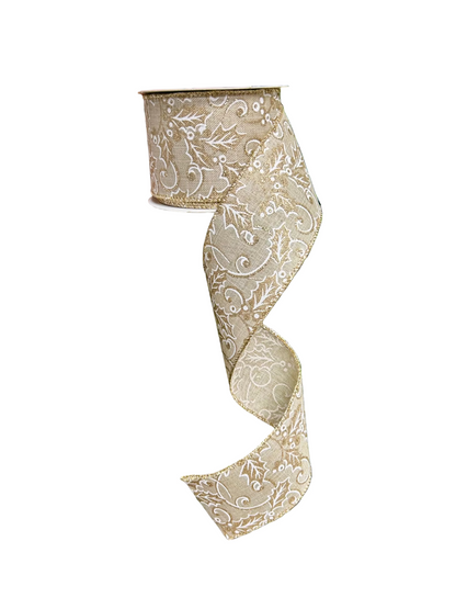2.5 Inch By 10 Yard Champagne And Gold Holly Berry Leaf Ribbon