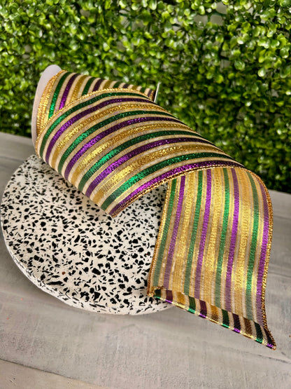 4 Inch By 10 Yard Mardi Gras Metallic Stripe Ribbon
