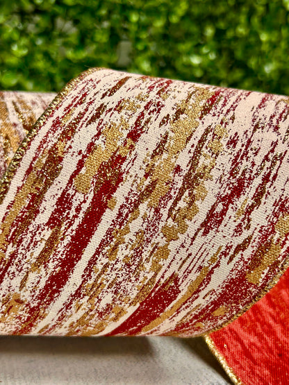 4 Inch By 10 Yard Cranberry Cream And Gold Glitter Metallic Streaks Ribbon