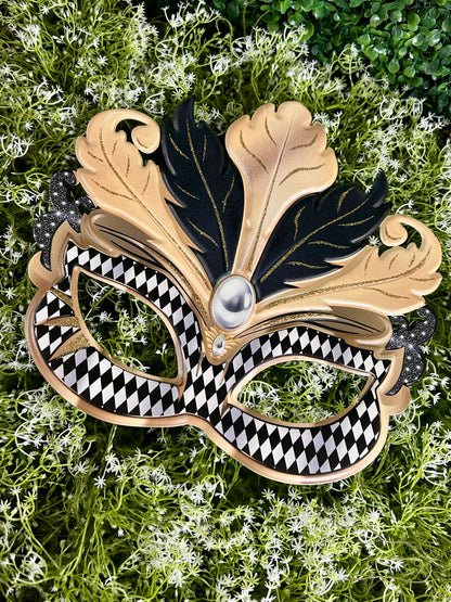 12 Inch Black Gold And White Glitter Harlequin Mask Sign