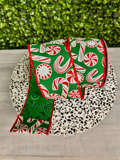 2.5 Inch By 10 Yard Glitter Peppermint And Candy Cane Ribbon