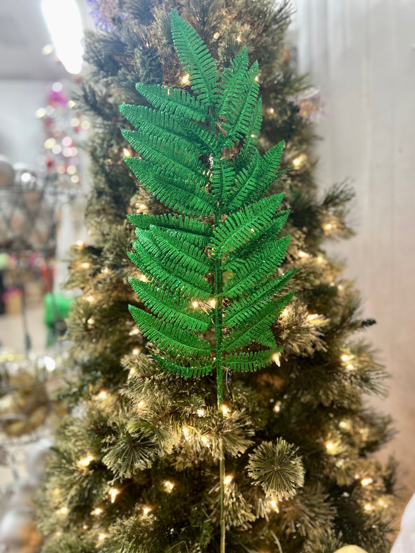 34 Inch Glitter Forest Fern Spray Dark Green