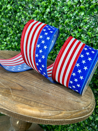 2.5 Inch By 10 Yard Red White And Blue Stars And Stripes Ribbon