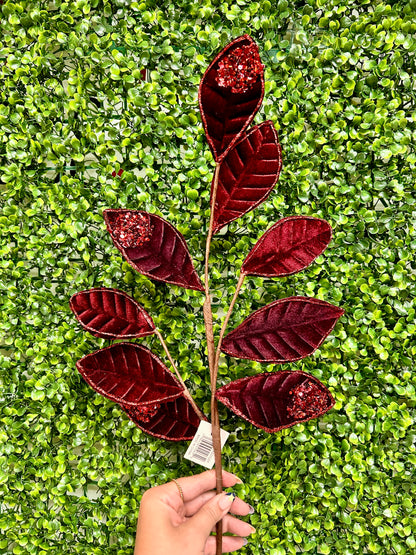 27 Inch Burgundy Velvet And Glitter Magnolia Leaf Spray