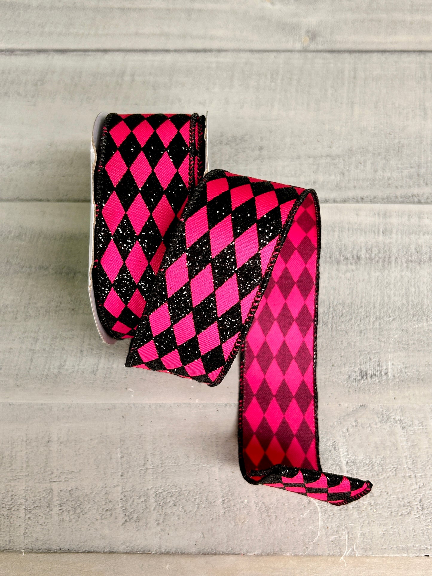 1.5 Inch By 10 Yard Fuchsia And Black Glitter Harlequin Ribbon