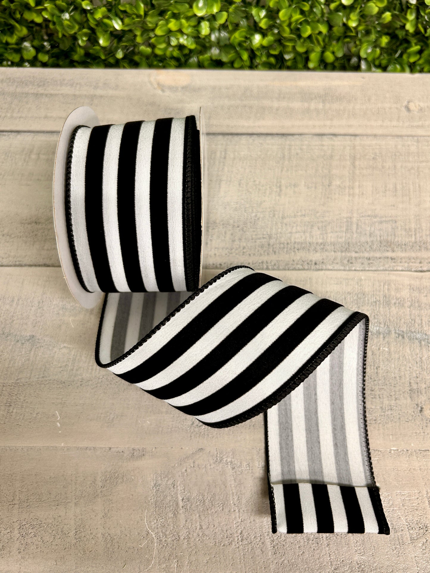 2.5 Inch By 10 Yard Black And White Flocked Cabana Stripes Ribbon