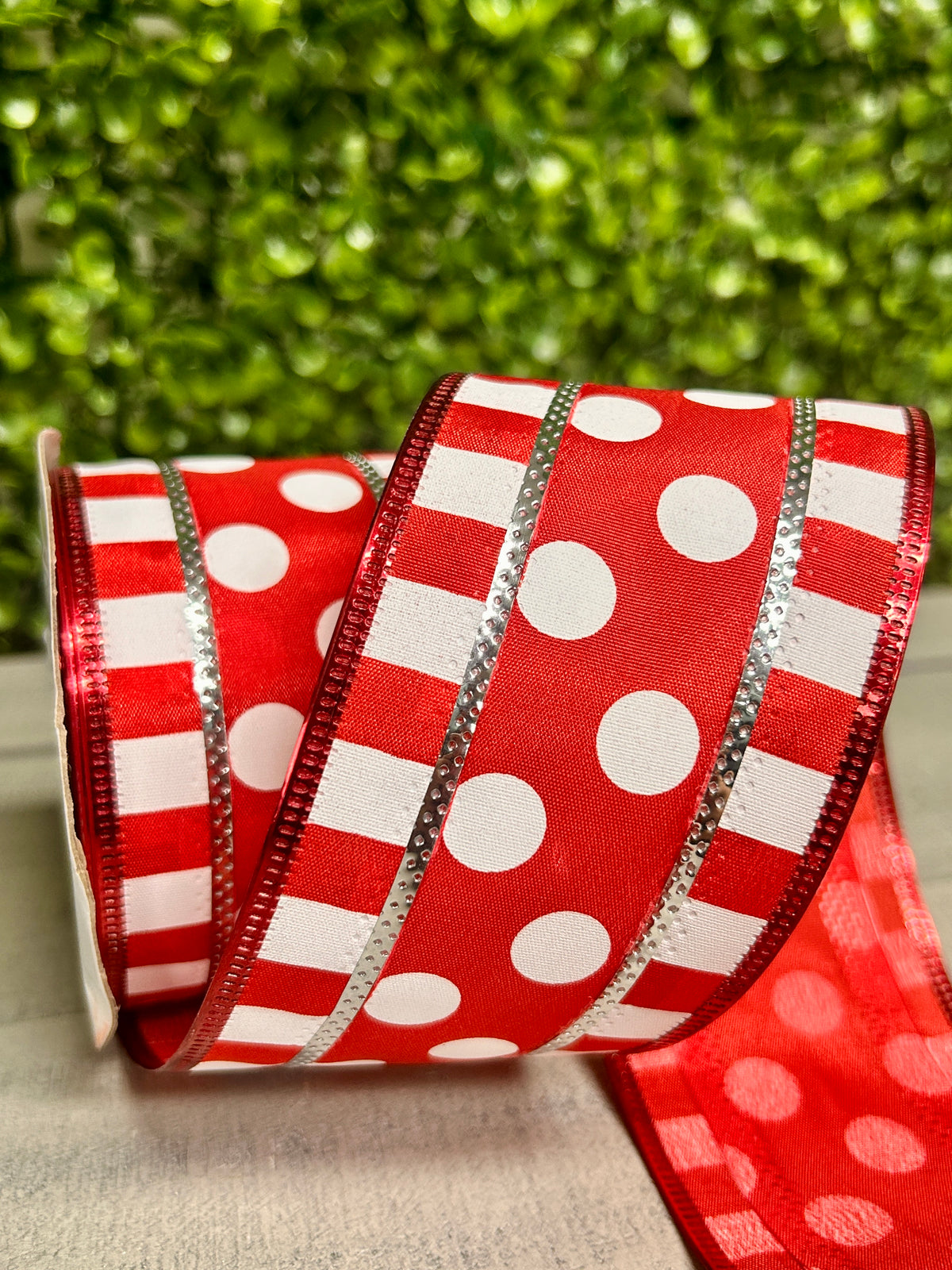 2.5 Inch By 10 Yard Red And White Polka Dot And Stripes Ribbon